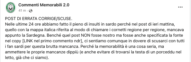 Il post di scuse della pagina facebook