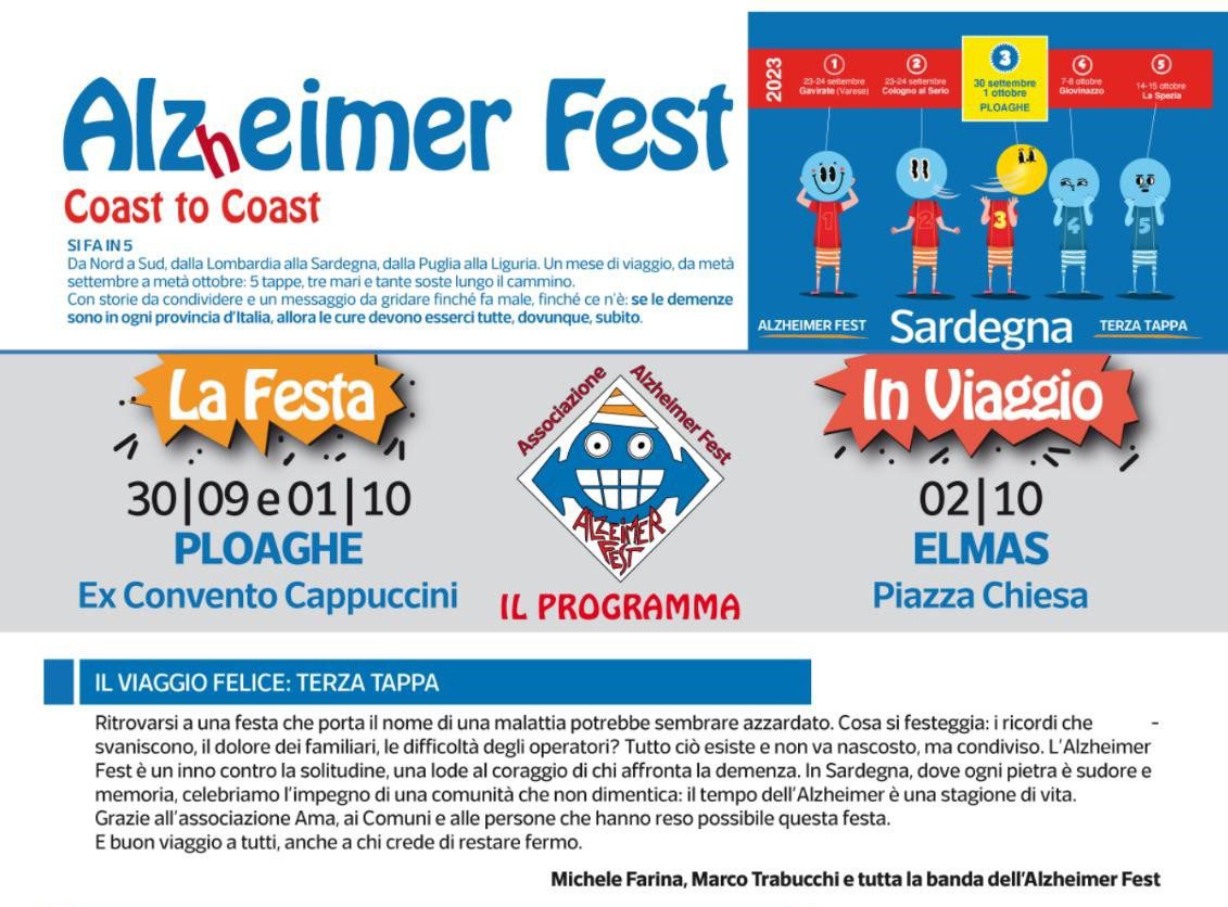 L’Alzheimer Fest sbarca in Sardegna: grande festa a Ploaghe, anteprima a Porto Torres e chiusura a Elmas