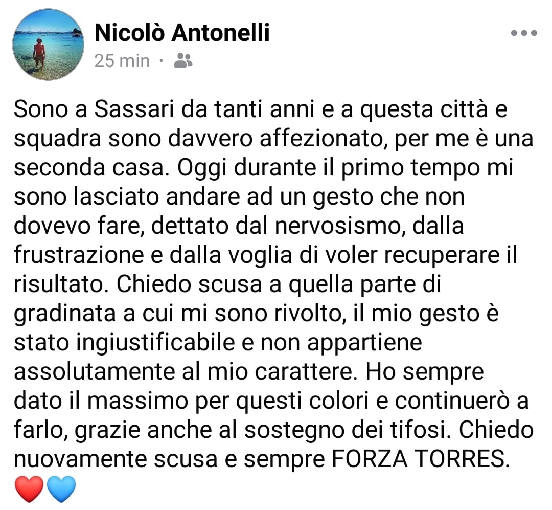 Antonelli Torres messaggio scuse
