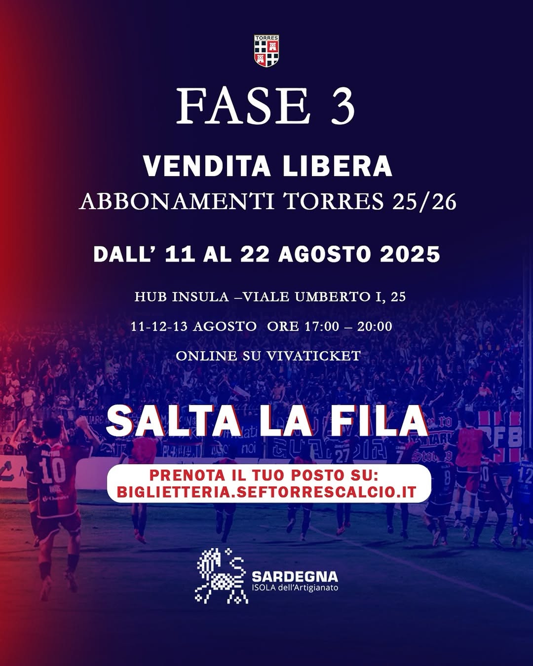 Il post social che pubblicizza l'avvio della fase 3 della campagna abbonamenti Torres