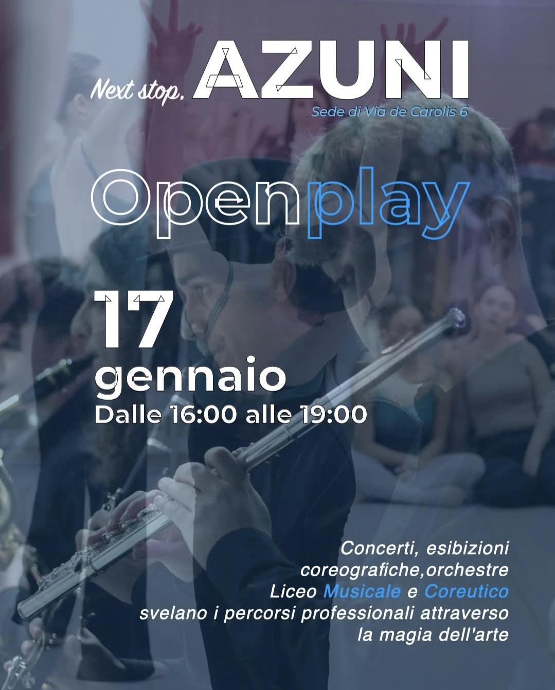 Foto della locandina dell'Open Play al Liceo Musicale e Coreutico Azuni con testata, immagini e informazioni