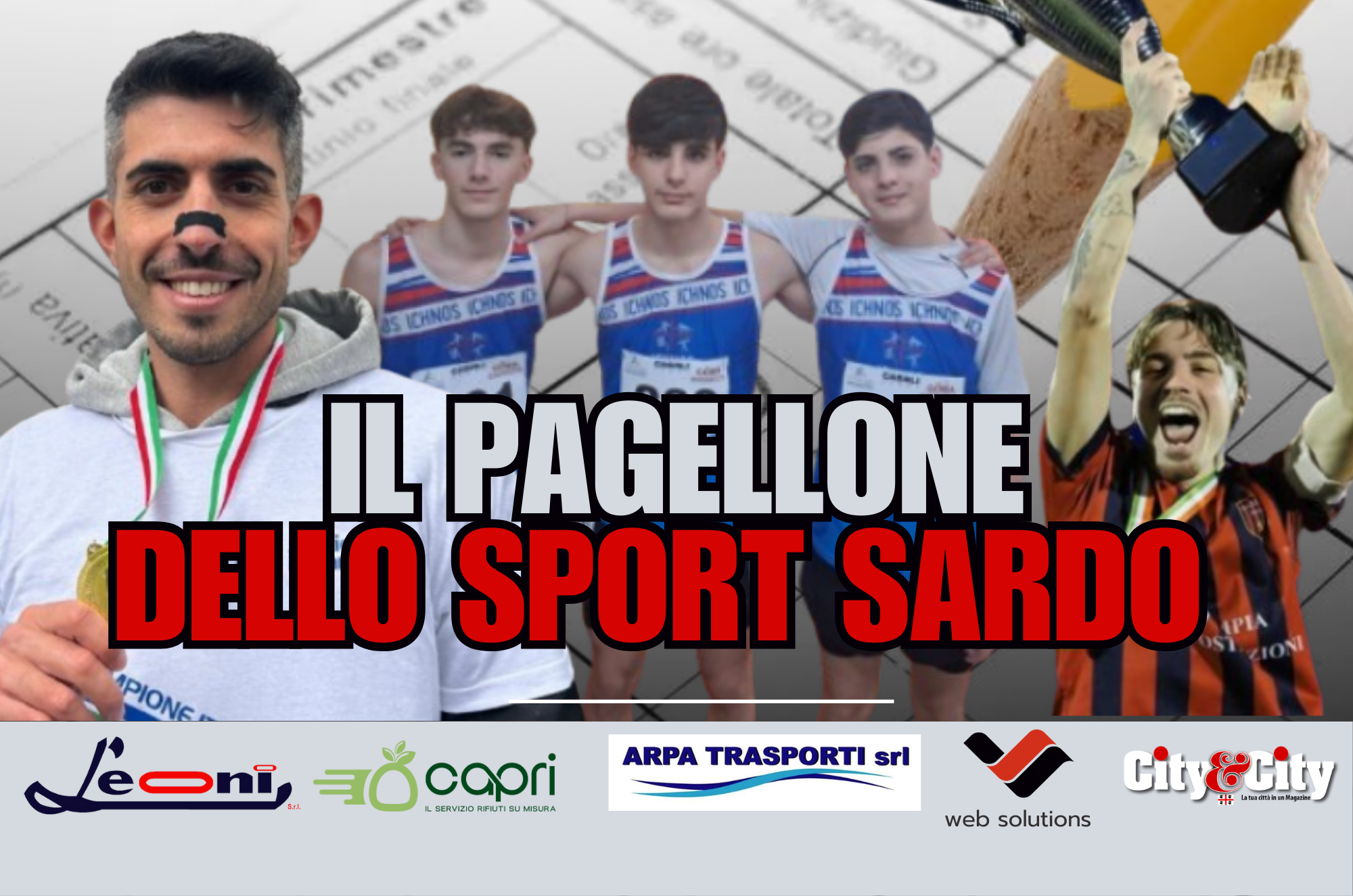 Da sinistra: Andrea Agrusti, i tre atleti dell'Ichnos Sassari Andrea Marras e i gemelli Nicolò e Lorenzo Carta, e il capitano dell'Iglesias Calcio Edoardo Piras