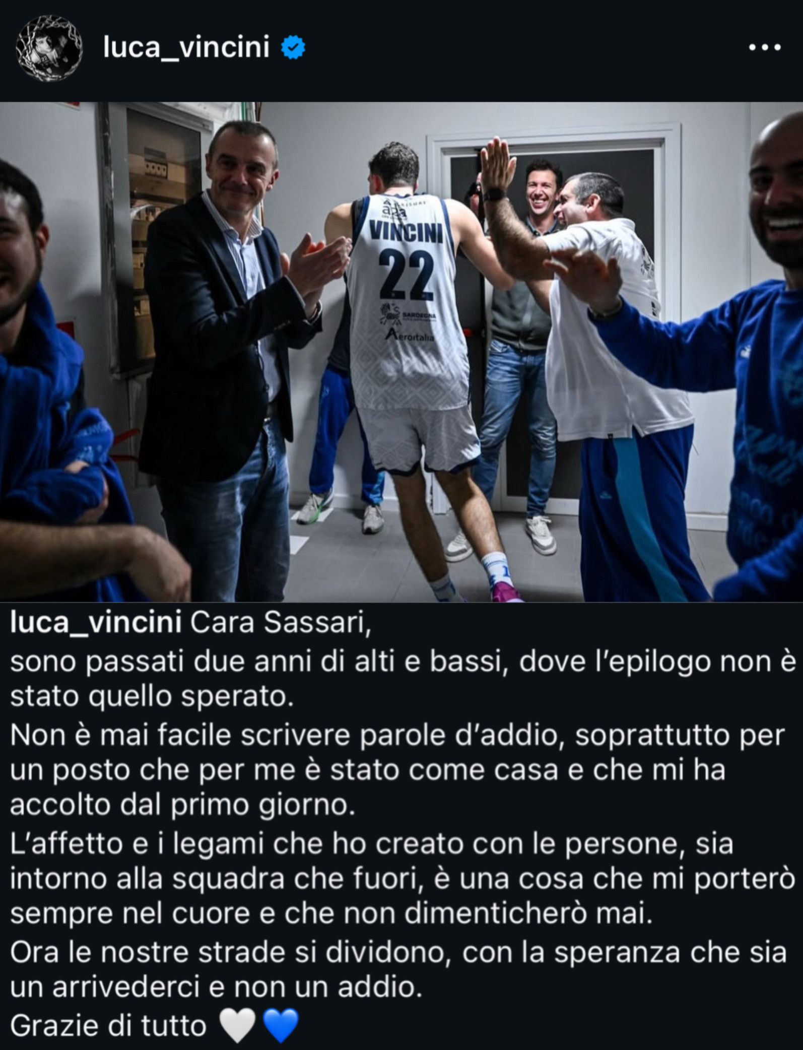 Post di addio alla Dinamo Sassari di Luca Vincini