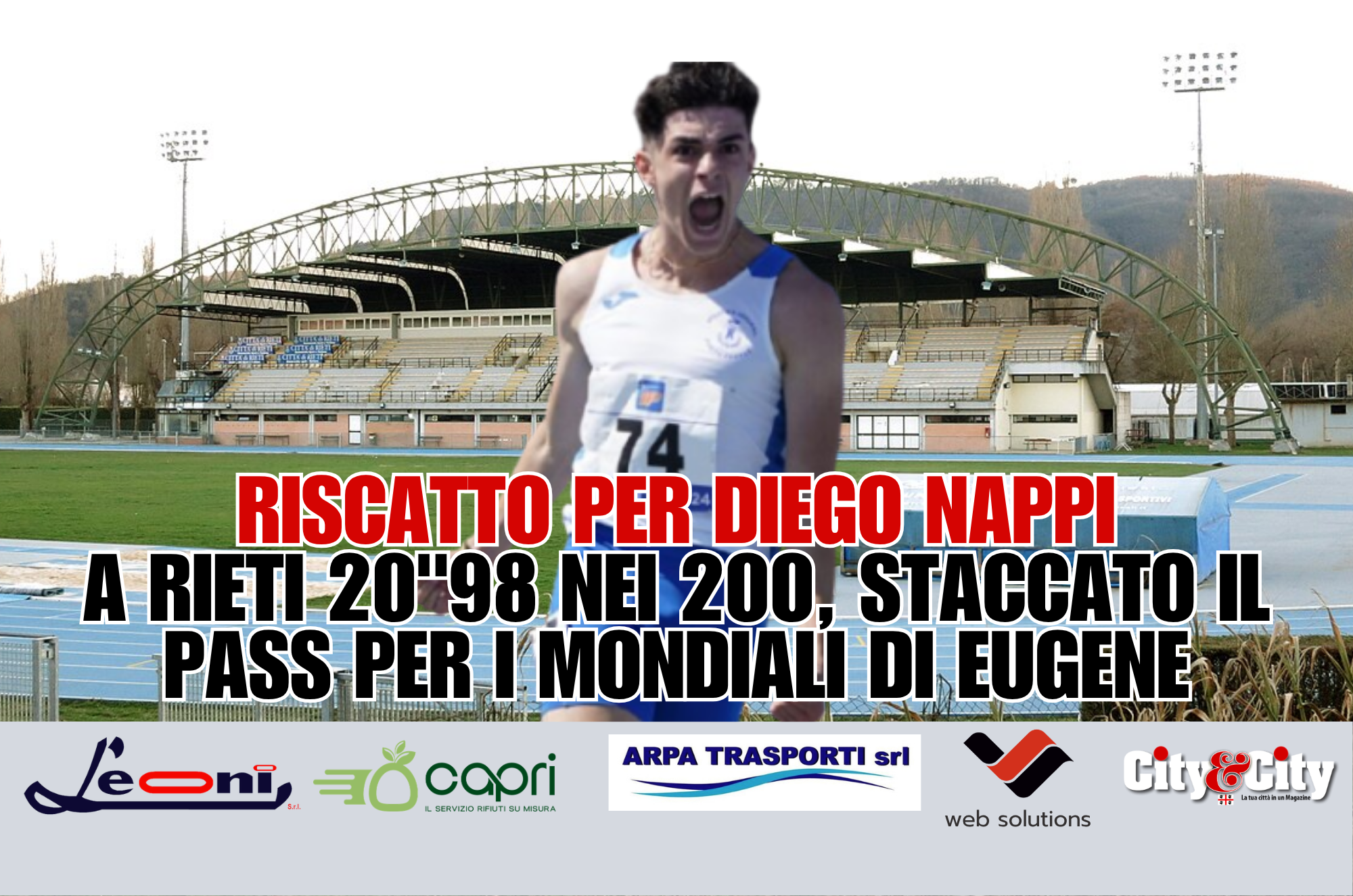 Nella foto: Diego Nappi, 20 anni, esulta dopo la vittoria nei 200 metri ai Campionati Italiani Allievi di Molfetta