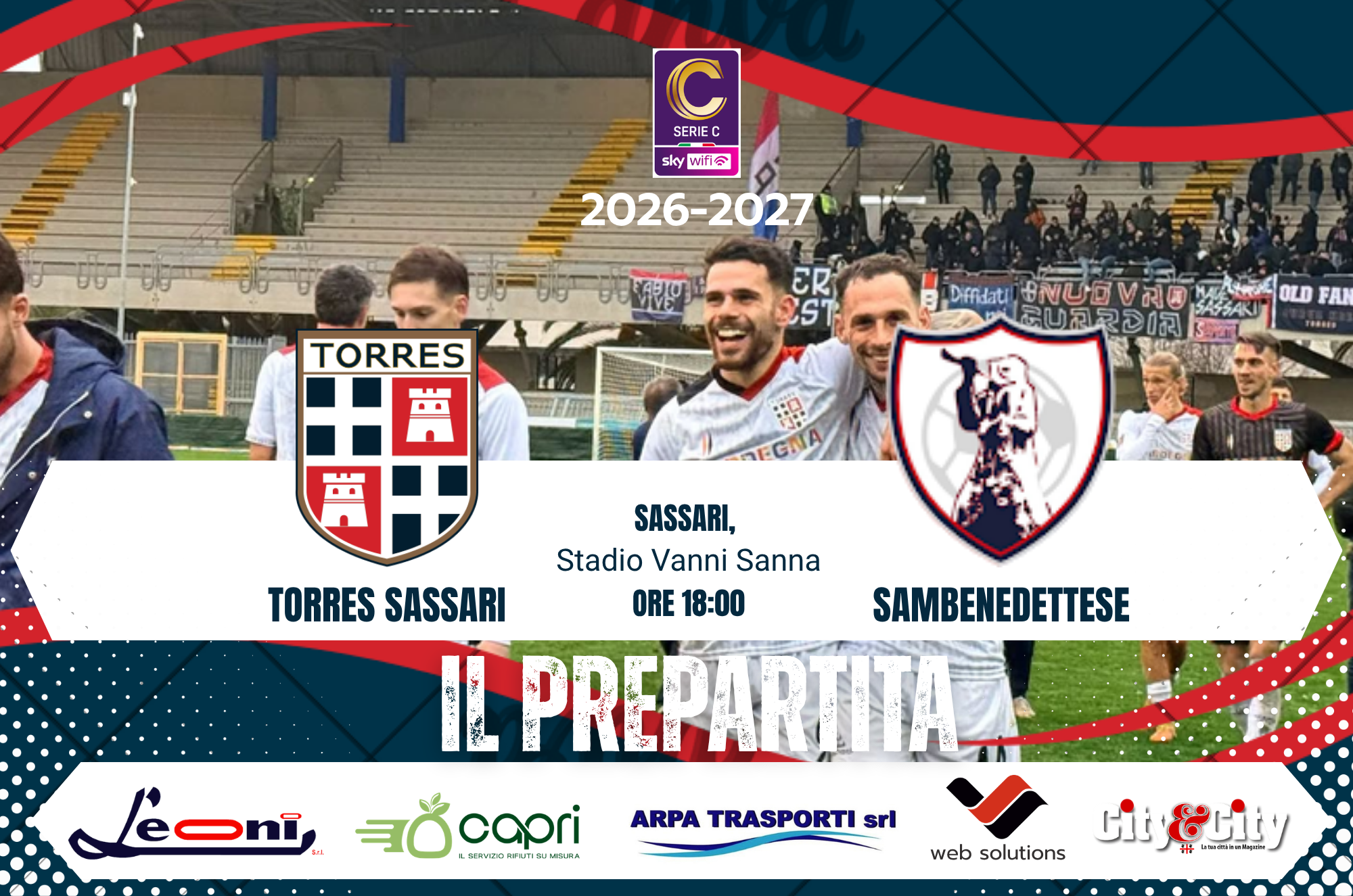 Sullo sfondo: Pierluca Luciani e Gianmarco Zanandrea, abbracciati al termine di Sambenedettese-Torres del 15 febbraio 2026